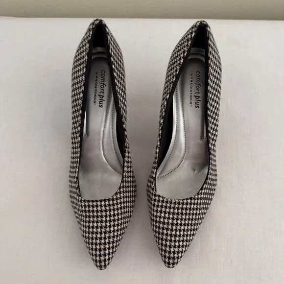 Comfort Plus Heels Size 8W Black White Houndstooth Pointed Toe Pumps - Picture 2 of 10